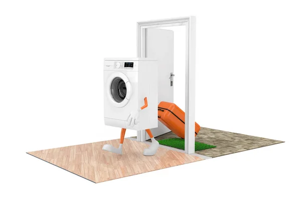 购买家用电器的概念 白色的现代洗衣机 作为角色的人 带着手提箱穿过大门来到了房子 背景是白色的 3D渲染 — 图库照片