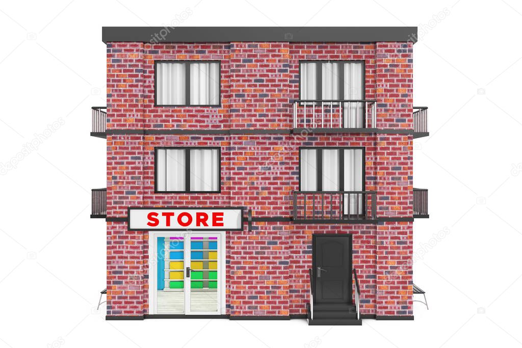 Store in City, Town Red Brick House Building on a white background. 3d Rendering