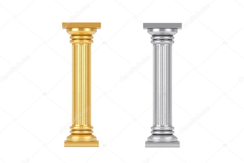 Golden and Silver Classic Greek Column Pedestal on a white background. 3d Rendering