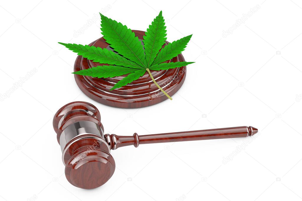 Green Cannabis Leaf with Red Wooden Judge Gavel on a white background. 3d Rendering