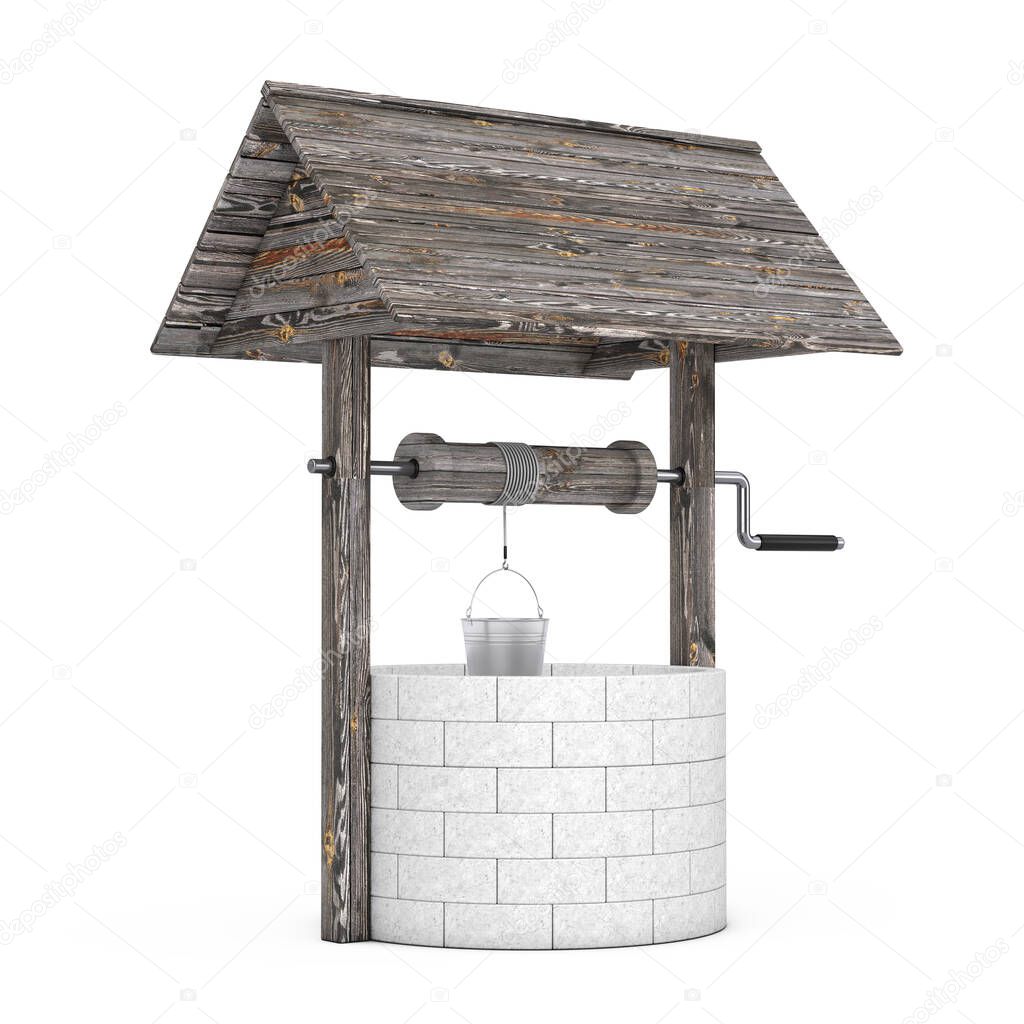 Stone and Wood Water Well on a white background. 3d Rendering