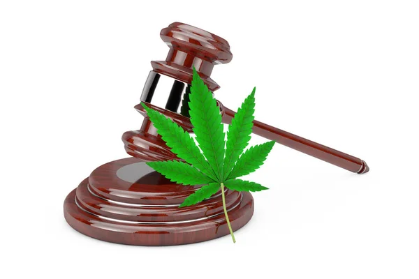 Grünes Cannabisblatt mit rotem Holzrichter Gavel auf weißem Hintergrund. 3D-Darstellung — Stockbild Grünes Cannabisblatt Mit Rotem Holzrichter Gavel Auf Weißem Hintergrund Darstellung — Stockfoto