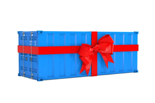 Концепція Вільного Судноплавства Blue Cargo Shipping Container Red Ribbon Bow — стокове фото