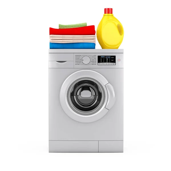 Zilveren Moderne Wasmachine Met Wasmiddel Fles Stapel Kleding Een Witte — Stockfoto