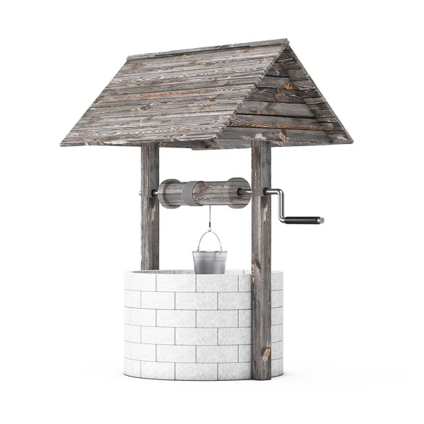 Stone Wood Water Well Een Witte Achtergrond Rendering — Stockfoto