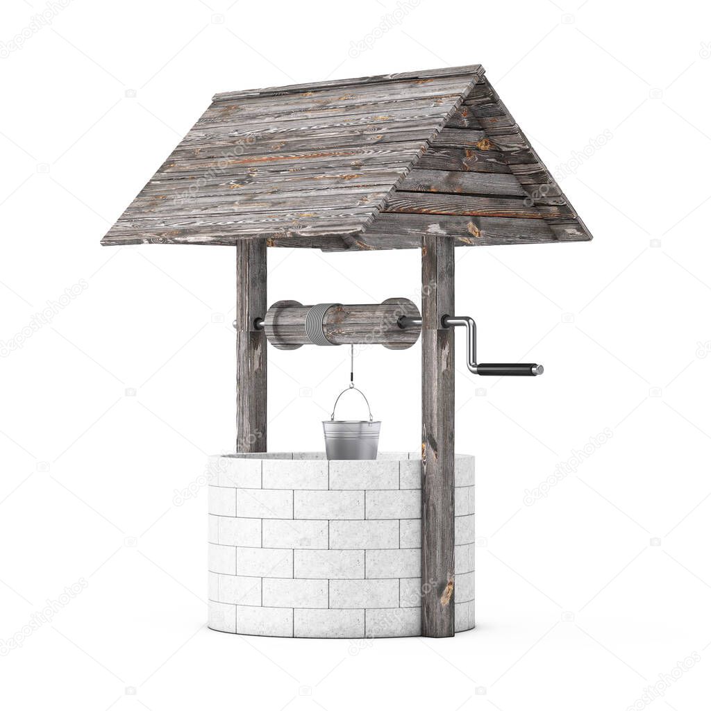 Stone and Wood Water Well on a white background. 3d Rendering