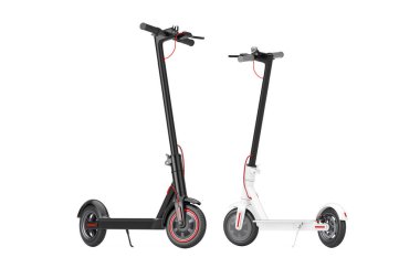 Beyaz arka planda siyah ve beyaz modern eko elektrikli scooterlar. 3d Hazırlama