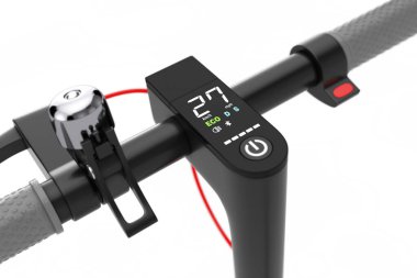 Beyaz Modern Eko Elektrikli Tekme Scooter Kontrol Paneli Ekstrem Kapanışı beyaz arka planda görüntüler. 3d Hazırlama