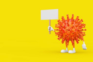 Çizgi film Coronavirus COVID-19 Maskot Karakteri, sarı arka planda Tasarımınız İçin Boş Alan ile Boş Beyaz Bayrak. 3d Hazırlama