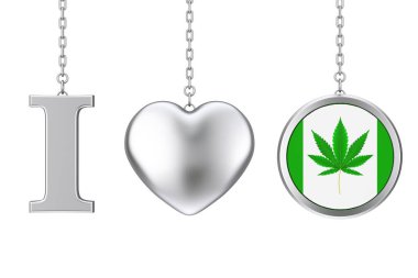 Beyaz arka planda Zincir I Love Marihuana Tabelası ile Tıbbi Marihuana veya Kenevir Yaprağı ile Gümüş Kalp ve Rozet olarak asılı. 3d Hazırlama