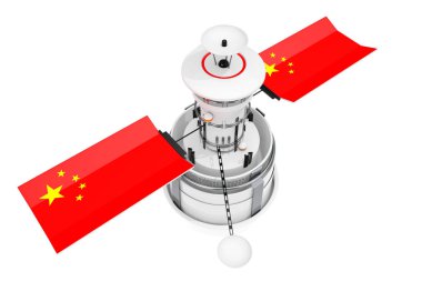 Beyaz arka planda Çin Bayrağı olan Modern Dünya Küresel Navigasyon Uydusu. 3d Hazırlama