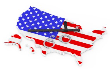 Polis Devlet Konsepti. Beyaz arka planda siyah lastik kelepçeli metal kelepçeler ya da ABD Bayrağı ve haritası üzerinde cop. 3d Hazırlama