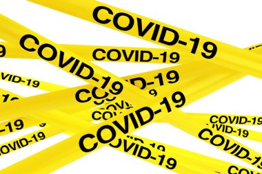 COVID-19 karantina bölgesi sarı bant şeritleri beyaz arka planda. 3d Hazırlama