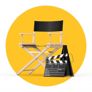 Yönetmen, Sinema Şefi ve Megafon beyaz ve sarı arkaplandalar. 3d Hazırlama