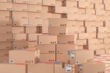 Lojistik, Dağıtım ve Teslimat Konsepti. Karton Paketler ve Paketler Depo 'da Yığınlar Arkaplanda Son derece yakın çekim olarak. 3d Hazırlama