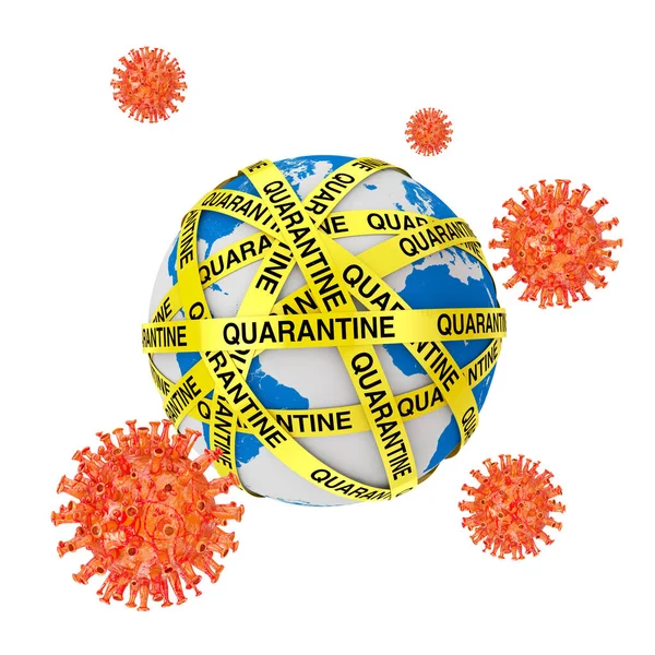Wereldquarantaineconcept Covid Cellen Bij Quarantine Yellow Tape Strips Earth Globe — Stockfoto