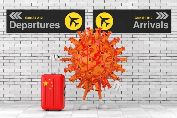 Cartoon Coronavirus COVID-19 Mascot Person Character with China Suitcase Between Arrival and Departures Airport Board on Brick Wall extreme closeup. 3d Rendering