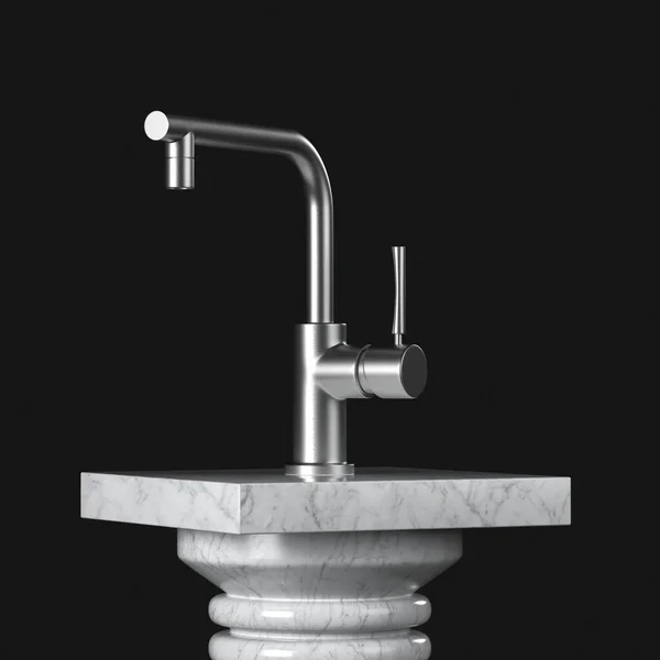 Moderne Edelstahlküche Wasserhahn Wasserhahn Über Marmorsockel Bühne Podium Oder Säule — Stockfoto