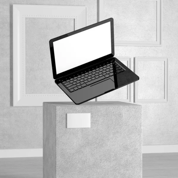 Notebook Computador Portátil Moderno Sobre Pedestal Palco Pódio Coluna Galeria — Fotografia de Stock