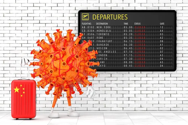 Cartoon Coronavirus COVID-19 Mascot Person Character with China Suitcase near Airport Departures Table Board with Closed Flights in front of Brick Wall extreme closeup. 3d Rendering