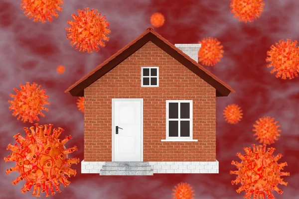 Nieuw Coronavirus Covid Cellen Rond Abstract Brick House Extreme Close — Stockfoto
