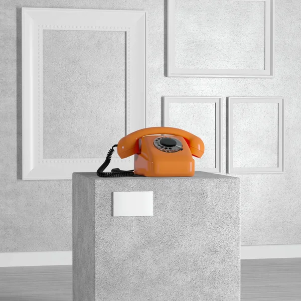 Laranja Vintage Estilo Rotary Phone Sobre Pedestal Palco Pódio Coluna — Fotografia de Stock