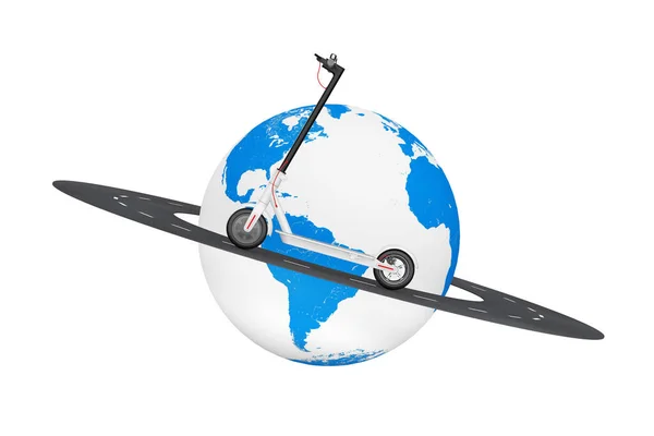 White Modern Eco Electric Kick Scooter Sobre Road Earth Globe — Fotografia de Stock