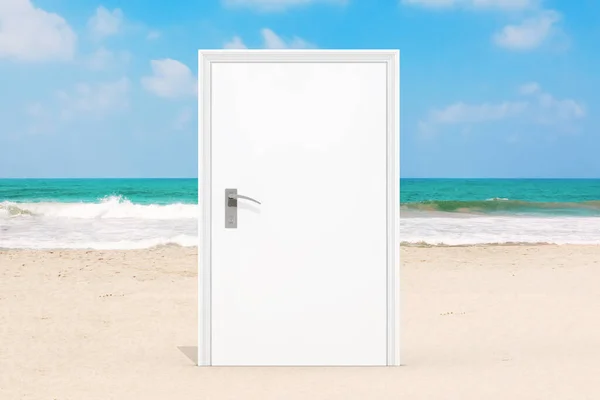 Puerta Blanca Cerrada Océano Playa Arena Marina Por Razón Del — Foto de Stock