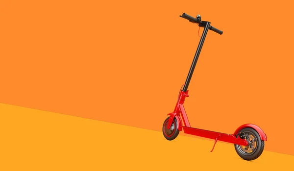 Kırmızı Modern Eko Elektrik Tekme Scooter Turuncu Arka Planda Hazırlama — Stok fotoğraf