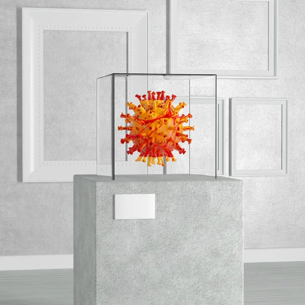 Coronavirus Covid Cell Pedestal Stage Podium Column Glass Showcase Cube — стокове фото