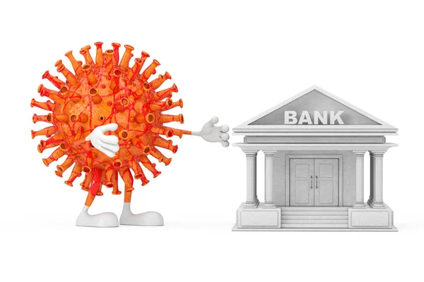 卡通科罗纳维勒斯Covid 19吉祥物人物试图用白色背景摧毁银行大楼作为世界金融体系的象征 3D渲染 — 图库照片