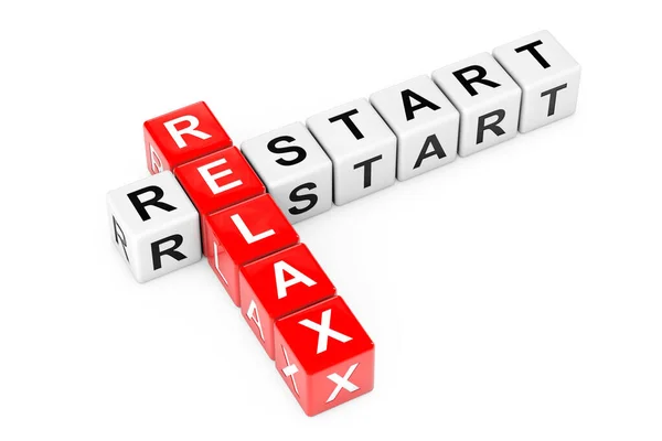 Neustart Und Relax Sign Als Kreuzworträtsel Würfelblöcke Auf Weißem Hintergrund — Stockfoto