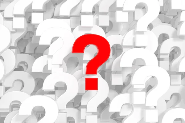 Lot White Question Marks Background One Red Extreme Closeup Rendering — Stock Photo, Image