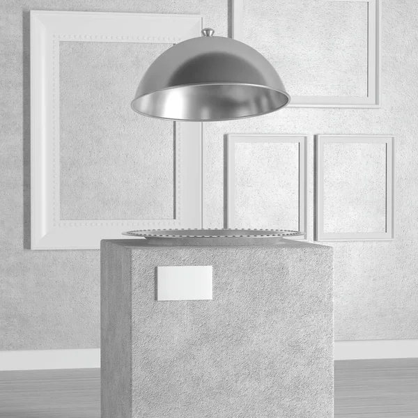 Silver Empty Restaurant Cloche Pedestal Stage Podium Column Art Gallery — Stock Photo, Image