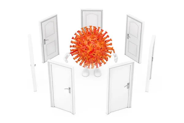 Quarantine Concept. Closed Doors around Cartoon Coronavirus COVID-19 Mascot Person Character on a white background. 3d Rendering