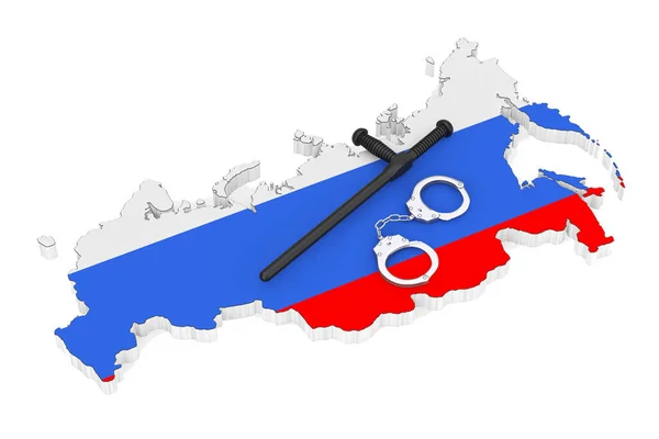 警察国家概念 带有黑色橡胶警棍的金属手铐或白色背景的俄罗斯国旗和地图上的夜莺 3D渲染 — 图库照片