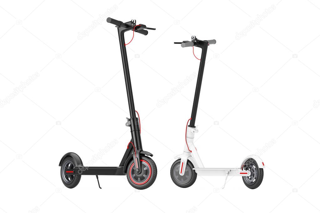 Black and White Modern Eco Electric Kick Scooters on a white background. 3d Rendering