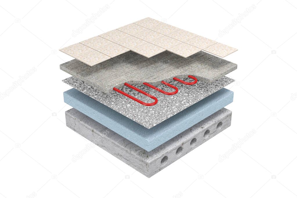Layers of Floor Heating System Partly Under Ceramic Tiles on a white background. 3d Rendering