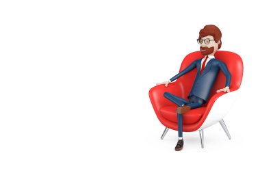 Kırmızı Modern Deri Giyen Çizgi Film Karakteri İş Adamı Beyaz arka planda Kol Koltuğu Gevşetin. 3d Hazırlama