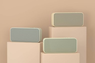 Krem Pedestal, Sahne, Podyum ya da Sütun üzerine taşınabilir su geçirmez kablosuz hoparlör. 3d Hazırlama