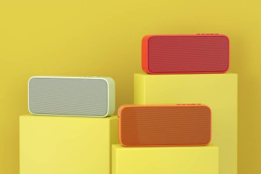 Sarı Pedestal, Sahne, Podyum ya da Sarı Arkaplanda Renklere dayanıklı Su geçirmez Kablosuz Hoparlör. 3d Hazırlama