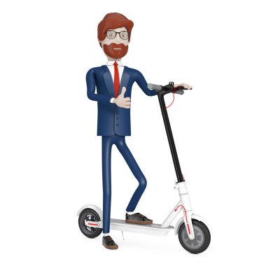 Beyaz arka planda Modern Eko Elektrikli Tekme Scooter 'ı olan Çizgi Film Karakteri İş Adamı. 3d Hazırlama