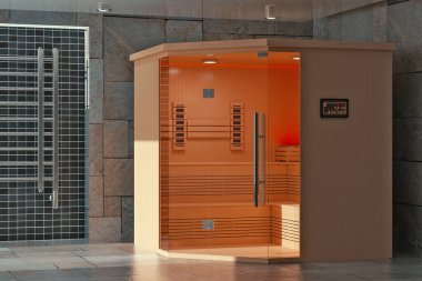Klasik ahşap işlemeli Finlandiya Sauna Kabini Banyo İçi aşırı yakın çekim. 3d Hazırlama