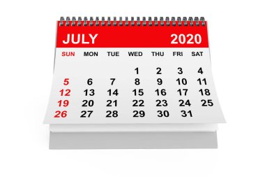 Beyaz arka planda 2020 Temmuz takvimi. 3d oluşturma