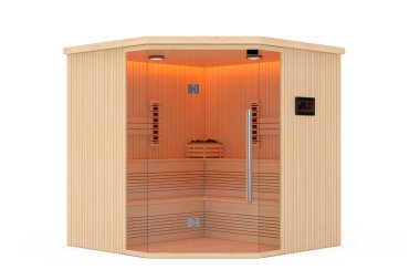 Beyaz arka planda klasik ahşap işlemeli Finlandiya sauna kulübesi. 3d Hazırlama