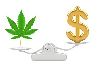 Tıbbi marihuana ile Altın Dolar işareti ya da beyaz arka planda basit bir tartıda dengelenen kenevir yaprağı. 3d Hazırlama