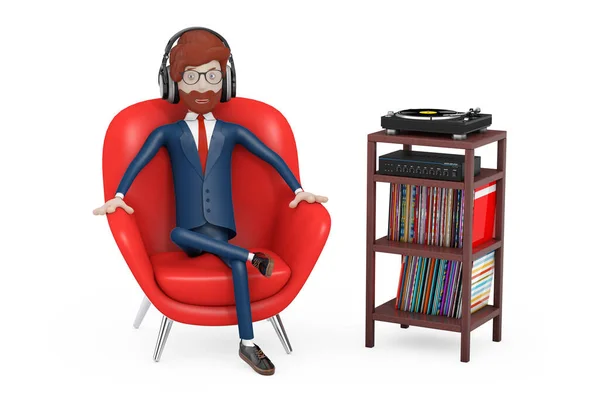 Personnages Bande Dessinée Assis Cuir Rouge Relax Chair Écoute Musique — Photo