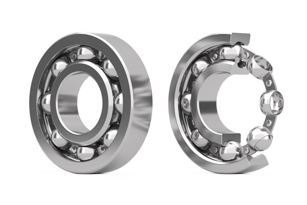 Set of Shiny Chrome Steel Ball Bearings with One Cut Outed Where Visible the Inner Parts on a white background. 3d Rendering