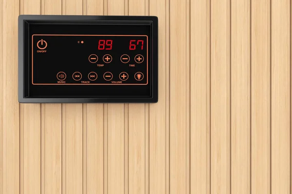 Regulacja Temperatury Regulacja Temperatury Czujnik Wyświetlacz Tle Ściany Sauny Drewnianej — Zdjęcie stockowe