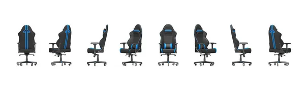 一套专业的现代黑色和蓝色电脑游戏扶手椅 背景为白色 观点各异 3D渲染 — 图库照片
